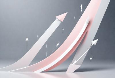 The primary subject of the image is a pink and white arrow, which is the main object, scene, or focus of the image. The setting is a gray background, and the visual style is a combination of photo and digital art. The colors and mood of the image are predominantly pink and white, creating a sense of growth and progress.
