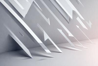 The primary subject of the image is a series of white triangles, which are arranged in various orientations and sizes. The setting is a gray background, which provides a neutral and clean appearance. The visual style is a combination of digital art and illustration, as the triangles are created using a computer-generated design. The colors and mood of the image are predominantly white, giving it a clean and minimalist appearance.