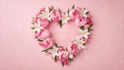 The primary subject of the image is a heart-shaped arrangement of flowers, predominantly pink and white. The heart is adorned with various types of flowers, creating a visually appealing and romantic display. The setting is a pink background, which complements the colors of the flowers and adds to the overall mood of the image. The visual style of the image is a combination of photo and digital art, resulting in a high-quality and detailed representation of the heart-shaped flower arrangement.