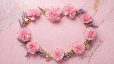 The primary subject of the image is a pink heart-shaped wreath with pink flowers and gold accents. The wreath is placed on a pink background, which adds to the overall mood of the scene. The visual style of the image is a combination of photo and digital art, creating a unique and eye-catching design. The colors and mood of the image are predominantly pink, which gives it a warm and inviting atmosphere.