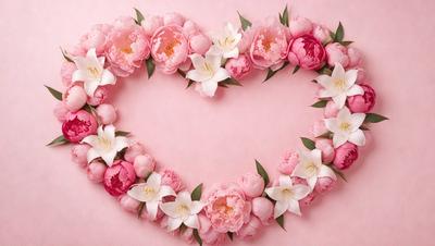 The primary subject of the image is a heart-shaped arrangement of pink and white flowers. The heart is made up of various types of flowers, including peonies and lilies. The heart is placed on a pink background, which adds a touch of warmth and romance to the scene. The visual style of the image is a close-up of the heart, allowing the viewer to appreciate the intricate details of the flowers and their arrangement. The colors and mood of the image are predominantly pink