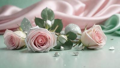The primary subject of the image is a bouquet of pink roses. The setting is a table with a green surface, and the visual style is a photo. The bouquet is placed on the table, and the overall atmosphere is romantic and elegant.
