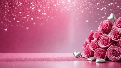The primary subject of the image is a bouquet of pink roses. The setting is a pink background, which creates a warm and romantic atmosphere. The visual style is a close-up of the bouquet, showcasing the details of the flowers. The colors and mood of the image are predominantly pink, which is often associated with love and affection.