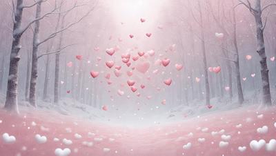 The primary subject of the image is a large number of hearts floating in the air. The hearts are pink and are scattered throughout the scene. The setting is a snowy landscape with trees in the background. The visual style is a combination of photo and digital art, creating a whimsical and magical atmosphere. The dominant colors are pink and white, which contribute to the overall mood of the image.