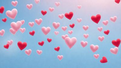 The primary subject of the image is a large number of hearts floating in the sky. The hearts are pink and red, and they are scattered throughout the scene. The setting is a blue sky, which provides a contrasting background for the hearts. The visual style of the image is a combination of photo and digital art, creating a unique and eye-catching display. The dominant colors and overall atmosphere of the image are bright, cheerful, and full of love.