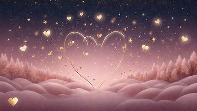 The primary subject of the image is a heart-shaped decoration, which is made of gold and adorned with hearts. The heart is suspended in the air, surrounded by a cloudy background. The setting appears to be a nighttime scene, with the heart floating in the sky. The visual style of the image is a combination of digital art and illustration, creating a whimsical and romantic atmosphere. The dominant colors in the image are gold and pink, which contribute to the overall warm and inviting mood