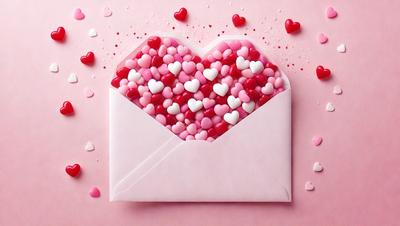 The primary subject of the image is a pink envelope filled with pink and red hearts. The envelope is placed on a pink background, which adds to the overall mood of the scene. The visual style of the image is a close-up of the envelope, showcasing the hearts inside. The colors and mood of the image are predominantly pink and red, creating a warm and romantic atmosphere.