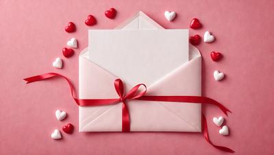 The primary subject of the image is a white envelope with a red ribbon tied around it. The envelope is placed on a pink background, which adds a warm and romantic touch to the scene. The visual style of the image is a close-up of the envelope, highlighting its details and the red ribbon. The colors and mood of the image are predominantly pink and romantic, creating a sense of love and affection.