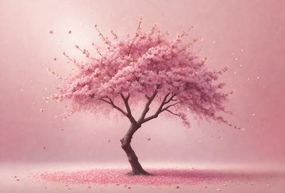 The primary subject of the image is a tree with pink flowers, which is the main focus of the scene. The tree is surrounded by a pink background, giving the image a warm and vibrant atmosphere. The visual style of the image is a combination of photo and digital art, creating a realistic yet artistic representation of the tree and its surroundings. The colors and mood of the image are predominantly pink, which adds a sense of freshness and beauty to the scene.