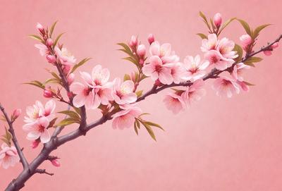 The primary subject of the image is a branch with pink flowers on it. The setting is a pink background, which adds to the overall mood of the scene. The visual style is a painting, which gives the image a more artistic and detailed appearance. The dominant colors are pink and white, creating a warm and inviting atmosphere.