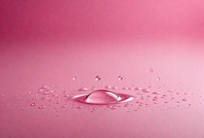 The primary subject of the image is a drop of water, which is the main focus of the scene. The setting is a pink surface, which serves as the backdrop for the drop of water. The visual style of the image is a close-up of the drop of water, showcasing its details. The colors in the image are predominantly pink, creating a warm and inviting atmosphere.