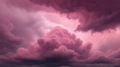 The primary subject of the image is a large, pink cloud with a purple hue. The cloud is surrounded by a dark, stormy sky. The setting is a cloudy, pink and purple sky, which creates a dramatic and moody atmosphere. The visual style of the image is a photo, capturing the beauty of the cloud formation. The colors and mood of the image are predominantly pink and purple, with a hint of darkness from the stormy sky.