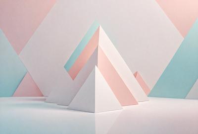 The primary subject of the image is a white triangle, which is the main object in the scene. The setting is a white background, and the visual style appears to be a combination of photo and digital art. The dominant colors in the image are white and pink, creating a clean and elegant atmosphere.