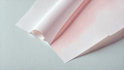 The primary subject of the image is a roll of paper, which is pink and white in color. The paper is unrolled and placed on a white surface, creating a contrast between the paper and the background. The visual style of the image is a close-up of the paper, showcasing its texture and details. The colors and mood of the image are predominantly white and pink, giving it a clean and elegant appearance.