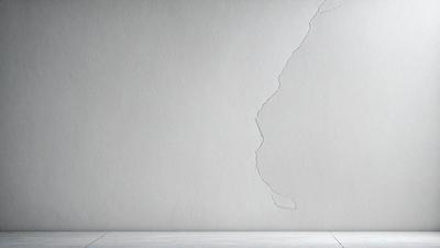 The primary subject of the image is a white wall with a crack in it. The setting is a room with a white surface, and the visual style is a photo. The crack in the wall adds a sense of damage or wear to the otherwise clean and pristine environment.