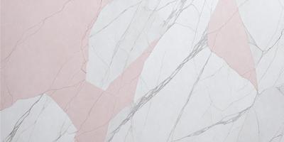 The primary subject of the image is a marble-like surface with a pink and white color scheme. The setting is a white wall, and the visual style appears to be a combination of a photo and digital art. The colors and mood of the image are predominantly pink and white, creating a clean and elegant atmosphere.