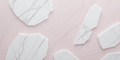 The primary subject of the image is a white marble tile. The setting is a pink background, which creates a contrasting and visually appealing combination. The visual style is a close-up of the marble tile, showcasing its texture and details. The colors and mood of the image are predominantly white and pink, giving it a clean and elegant appearance.