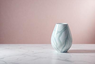 The primary subject of the image is a white vase with blue stripes, placed on a white marble table. The setting is a pink wall in the background, which adds a contrasting color to the scene. The visual style appears to be a photo, capturing the vase and its surroundings in detail. The colors and mood of the image are predominantly white and neutral, with the blue stripes on the vase adding a touch of color and visual interest.