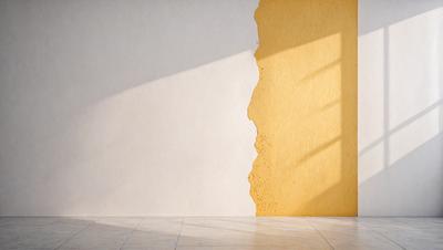The primary subject of the image is a wall with a yellow and white paint job. The setting is a room with a window, and the visual style appears to be a photo. The dominant colors are yellow and white, creating a warm and inviting atmosphere.