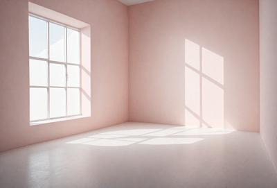 The primary subject of the image is a large, empty room with a pink wall. The room is illuminated by sunlight coming through a window, creating a warm and inviting atmosphere. The setting is a simple, minimalistic space with no furniture or decorations, emphasizing the room's emptiness. The visual style of the image is a realistic, natural light photograph. The colors and mood of the room are predominantly pink, which gives the space a soft and calming ambiance.
