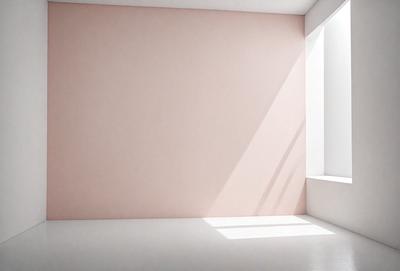 The primary subject of the image is a white wall with a pink background. The setting is a room with a window, and the visual style is a photo. The dominant colors are white and pink, creating a calm and serene atmosphere.