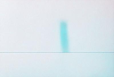 The primary subject of the image is a blue shadow of a person standing on a white wall. The setting is a plain white wall, and the visual style appears to be a photo. The dominant colors are blue and white, creating a calm and serene atmosphere.