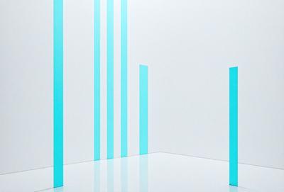 The primary subject of the image is a white wall with blue stripes. The setting is a room with a white floor. The visual style is a photo, and the dominant colors are white and blue. The overall atmosphere is clean and minimalistic.