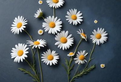 The primary subject of the image is a close-up of a flower, which is a white daisy with yellow centers. The setting is a blue background, which adds a contrasting color to the scene. The visual style is a close-up, which emphasizes the details of the flower. The colors and mood of the image are predominantly white and yellow, creating a bright and cheerful atmosphere.