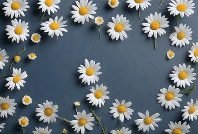 The primary subject of the image is a close-up of white flowers with yellow centers. The flowers are arranged in a pattern, covering the entire image. The setting is a blue background, which adds a contrasting color to the flowers. The visual style is a combination of photo and digital art, creating a realistic yet artistic representation of the flowers. The colors and mood of the image are predominantly white and yellow, giving it a fresh and cheerful atmosphere.