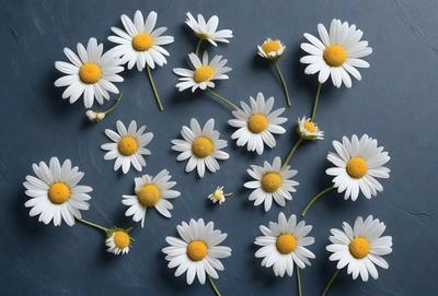 The primary subject of the image is a group of white flowers with yellow centers. These flowers are arranged in various positions, creating a visually appealing composition. The setting is a blue surface, which serves as a backdrop for the flowers. The visual style of the image is a close-up of the flowers, showcasing their details and beauty. The colors and mood of the image are predominantly white and yellow, giving it a fresh and cheerful atmosphere.