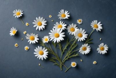 The primary subject of the image is a bouquet of white flowers, including daisies, arranged on a blue surface. The setting appears to be a table or a countertop. The visual style of the image is a close-up of the flowers, showcasing their details and beauty. The colors in the image are predominantly white and blue, creating a calm and serene atmosphere.