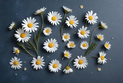 The primary subject of the image is a close-up of white flowers with yellow centers. The flowers are arranged in a pattern, creating a visually appealing display. The setting is a blue surface, which serves as a backdrop for the flowers. The visual style of the image is a combination of photo and digital art, as it captures the beauty of the flowers in a realistic yet artistic manner. The dominant colors in the image are white and yellow, creating a warm and inviting atmosphere.
