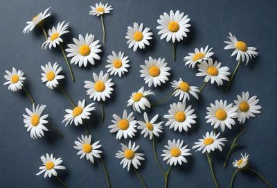 The primary subject of the image is a close-up of a white flower with a yellow center. The flower is placed on a blue background, which creates a striking contrast between the white and blue colors. The visual style of the image is a combination of photo and digital art, as it appears to be a real flower photographed and then digitally manipulated to create a pattern of many white and yellow flowers. The overall atmosphere of the image is serene and calming, with the white flowers symbolizing purity and innocence.