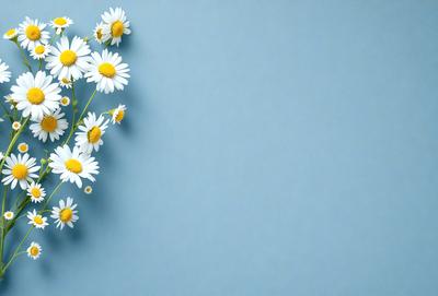The primary subject of the image is a bouquet of white and yellow flowers. The flowers are arranged in a vase, and they are placed against a blue wall. The visual style of the image is a photo, capturing the beauty of the flowers and their surroundings. The colors and mood of the image are predominantly white and yellow, creating a warm and inviting atmosphere.