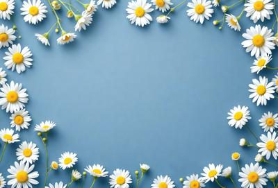 The primary subject of the image is a bouquet of white flowers, including daisies, arranged in a vase. The flowers are placed on a blue background, creating a visually appealing contrast. The visual style of the image is a photo, capturing the beauty of the flowers and their arrangement. The colors and mood of the image are predominantly white and blue, giving it a calm and serene atmosphere.