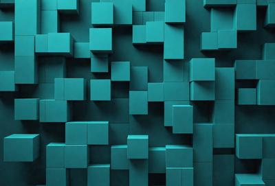 The primary subject of the image is a blue wall with a pattern of blue squares. The setting is a room with a blue wall, and the visual style is a digital art or illustration. The dominant colors and overall atmosphere are blue and calm.
