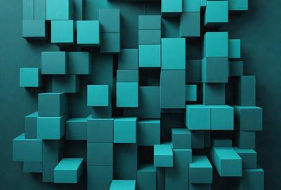The primary subject of the image is a blue wall with a pattern of blue and white squares. The setting is a room with a blue wall, and the visual style is a digital art or illustration. The dominant colors are blue and white, creating a calm and soothing atmosphere.