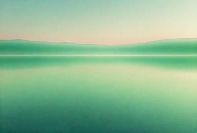The primary subject of the image is a large body of water, which appears to be a lake. The water is calm and serene, reflecting the surrounding landscape. The setting is a beautiful, natural environment with a mountainous background. The visual style of the image is a combination of photo and digital art, creating a stunning and realistic representation of the scene. The colors and mood of the image are predominantly green, with a sense of tranquility and peacefulness.