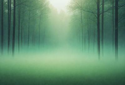 The primary subject of the image is a lush green forest with a dense fog surrounding the trees. The setting is a serene, foggy forest with a misty atmosphere. The visual style is a photo, capturing the beauty of the forest and the fog. The colors and mood are predominantly green, creating a peaceful and tranquil environment.