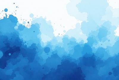 The primary subject of the image is a blue cloudy sky. The setting is a cloudy day, and the visual style is a watercolor painting. The colors and mood of the image are predominantly blue, creating a calm and serene atmosphere.