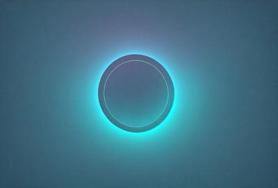 The primary subject of the image is a large, round, glowing light source, possibly a light bulb or a neon sign. The light source is located on a blue wall, which serves as the setting or background. The visual style of the image is a close-up of the light source, emphasizing its shape and glow. The colors and mood of the image are predominantly blue, creating a calm and serene atmosphere.