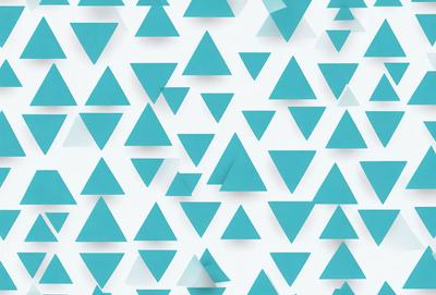 The primary subject of the image is a pattern of triangles, which are arranged in a grid-like formation. The setting is a white wall, and the visual style appears to be a digital art or illustration. The dominant colors in the image are blue and white, creating a clean and modern atmosphere.