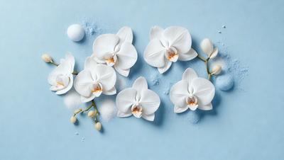 The primary subject of the image is a bouquet of white flowers. The flowers are arranged in a visually appealing manner, creating a sense of elegance and beauty. The setting is a blue surface, which adds a touch of color and contrast to the scene. The visual style of the image is a close-up of the flowers, allowing the viewer to appreciate the details and textures of the petals. The colors and mood of the image are predominantly white, which gives it a serene and peaceful atmosphere.