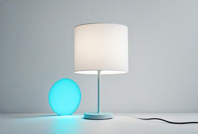 The primary subject of the image is a white lamp with a blue light bulb. The lamp is placed on a white table, and the light is shining downwards. The setting appears to be a simple, minimalist environment, with the focus on the lamp and its unique lighting. The visual style of the image is a combination of photography and digital art, creating a modern and clean appearance. The colors and mood of the image are predominantly white and blue, giving it a calm and serene atmosphere.