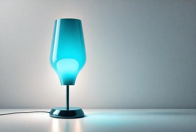 The primary subject of the image is a blue glass lamp with a blue light shining through it. The lamp is placed on a white table, which serves as the setting for the scene. The visual style of the image is a photo, capturing the lamp's unique design and the light it emits. The colors and mood of the image are predominantly blue, creating a calm and soothing atmosphere.