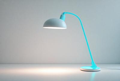 The primary subject of the image is a blue and white desk lamp. The lamp is placed on a white surface, which serves as the setting or background. The visual style of the image is a photo, capturing the lamp's details and colors. The dominant colors in the image are blue and white, creating a clean and modern atmosphere.