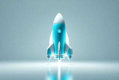 The primary subject of the image is a blue rocket ship. The setting is a white background, which provides a clean and minimalistic appearance. The visual style is digital art, as the rocket is depicted in a 3D model. The colors and mood of the image are predominantly blue, giving it a futuristic and space-themed feel.