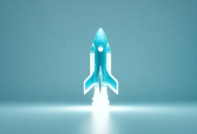 The primary subject of the image is a rocket, which is the main object, scene, or focus of the image. The rocket is shown in a blue and white color scheme, giving it a futuristic and space-themed appearance. The setting or background of the image is a blue surface, which complements the rocket's colors and adds to the overall visual style. The image is a digital art or illustration, showcasing the rocket in a detailed and artistic manner. The colors and mood of