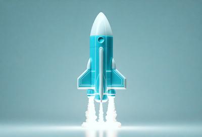The primary subject of the image is a blue rocket ship, which is the main object, scene, or focus of the image. The setting/background is a white surface, which provides a clean and uncluttered backdrop for the rocket. The visual style of the image is digital art, as it is a computer-generated illustration of the rocket. The colors and mood of the image are predominantly blue and white, giving it a clean, modern, and futuristic appearance.