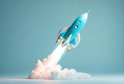 The primary subject of the image is a rocket, which is shown in a blue and white color scheme. The rocket is in the process of launching, as it is seen blasting off from the ground. The setting is a blue background, which provides a contrasting and visually appealing environment for the rocket. The visual style of the image is a combination of photo and digital art, creating a realistic yet artistic representation of the rocket's launch. The colors and mood of the image are energet
